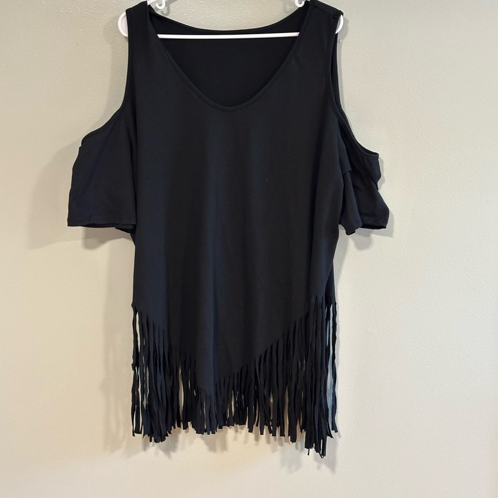 Black Cold Shoulder Fringe Top